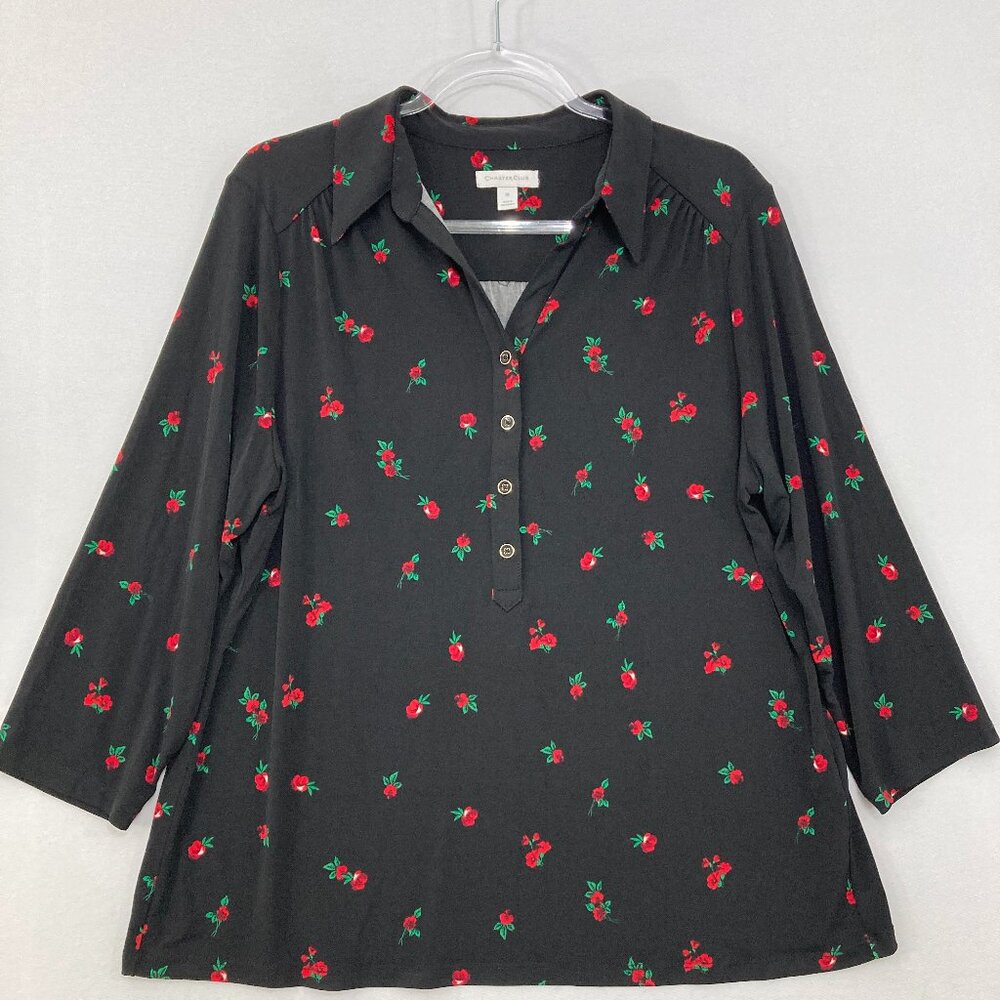 Charter Club size XL Black Red Floral Stretch Knit 3/4 Sleeve Popover Blouse